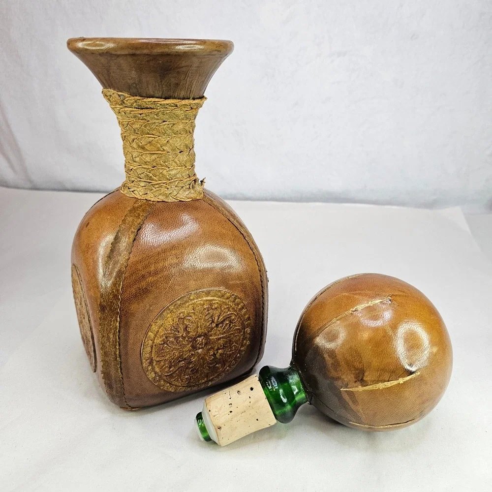 Vintage Brown Leather Decanter Bottle w/ Ball Stopper Rustic Neck Made in‎ Italy